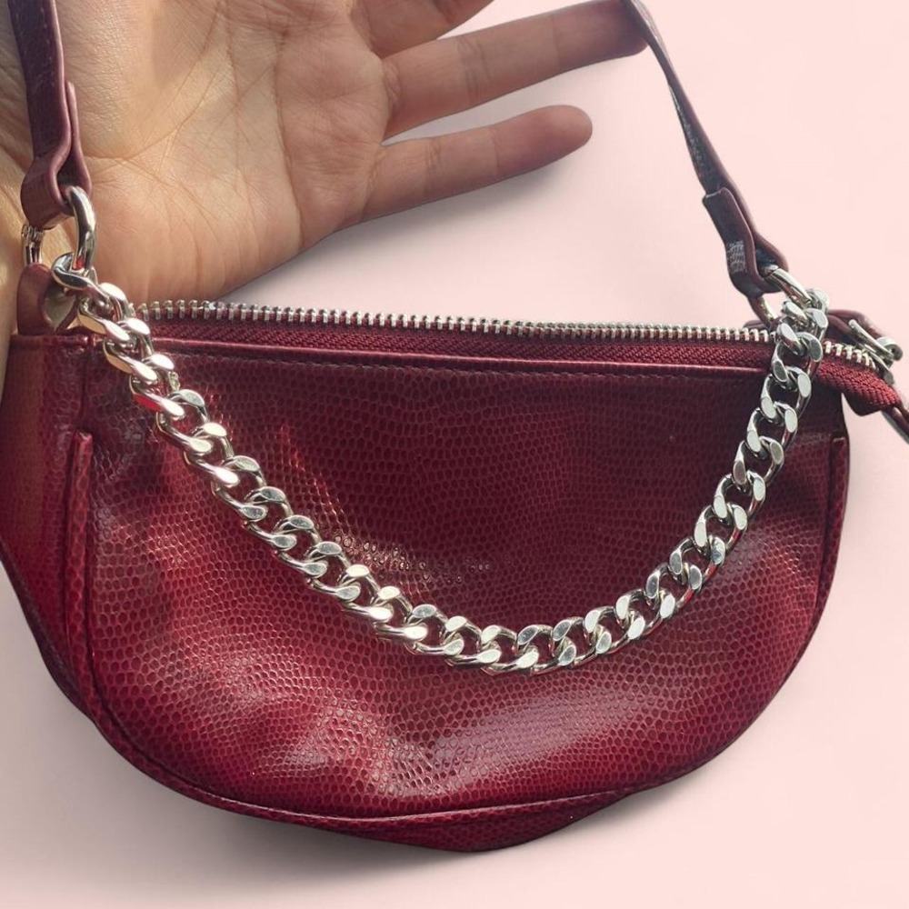 Urban Outfitters Burgundy/red faux leather shoulder bag with silver chain strap